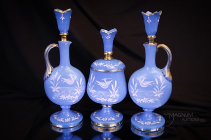 3 pc Victorian Enameled Blue Opaline Glass Perfume Vanity Cologne Bottle Set