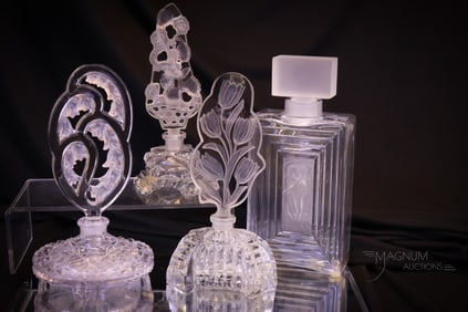 4 pc Lot Crystal Perfume Bottles Lalique & Czechoslovakian Glass