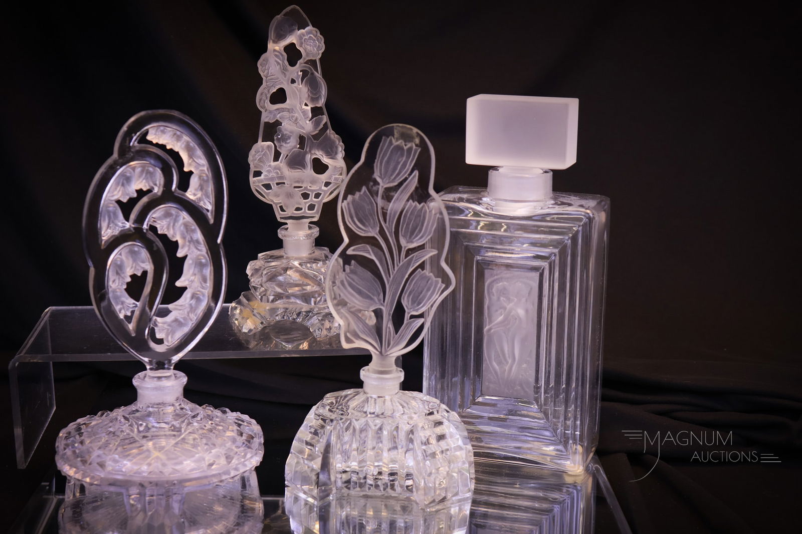 4 pc Lot Crystal Perfume Bottles Lalique & Czechoslovakian Glass (1 of 13)