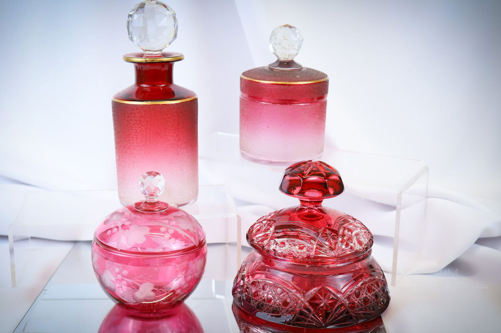 4 pc Lot Cranberry Antique Glass Perfume & Vanity Items (1 of 10)