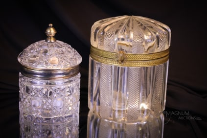 2 pc Lot Cut Crystal & Brilliant Cut Period Jewel Casket & Powder Jar