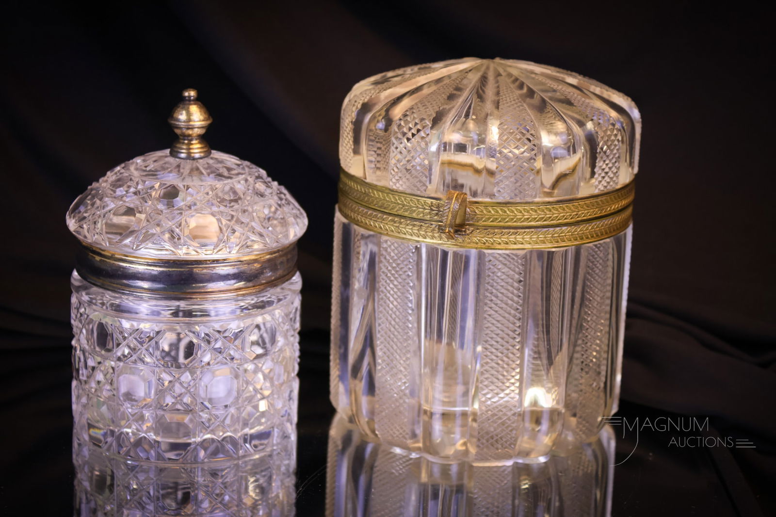 2 pc Lot Cut Crystal & Brilliant Cut Period Jewel Casket & Powder Jar (1 of 8)