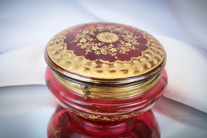 Victorian Cranberry Gilt Enameled Glass Jewelry Box