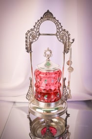 Meriden Cranberry Enameled Victorian Silverplate Pickle Castor
