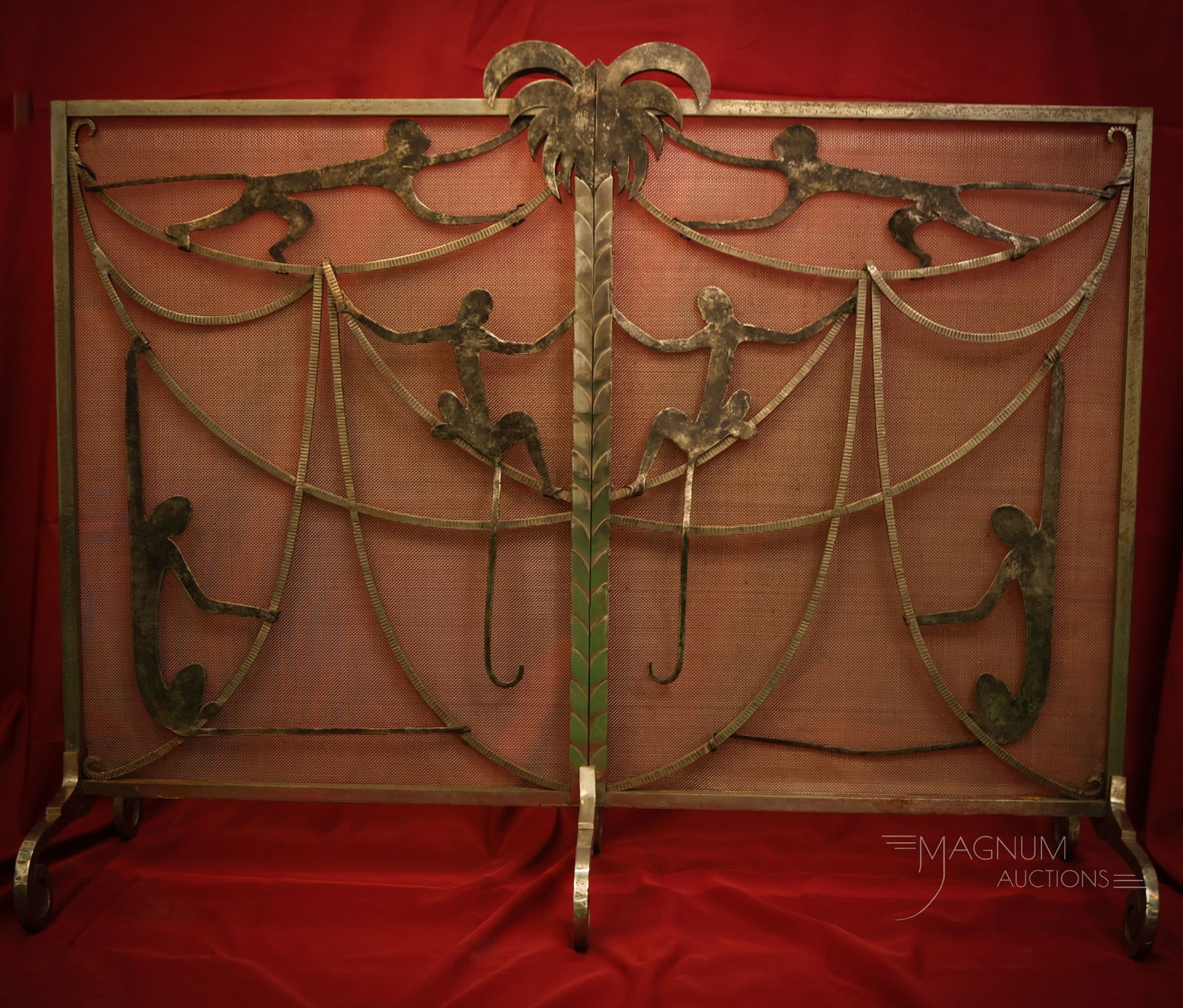 Rare 51" French Art Deco Monkeys & Palm Tree circa 1930 Iron Fireplace Screen (1 of 8)