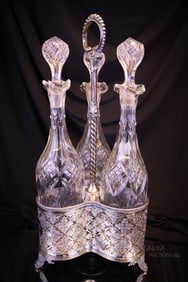English Hallmarked Silverplate Cut Glass Decanter Tantalus Set