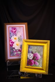 2 pc Framed Porcelain Hand Painted Rose Plaques