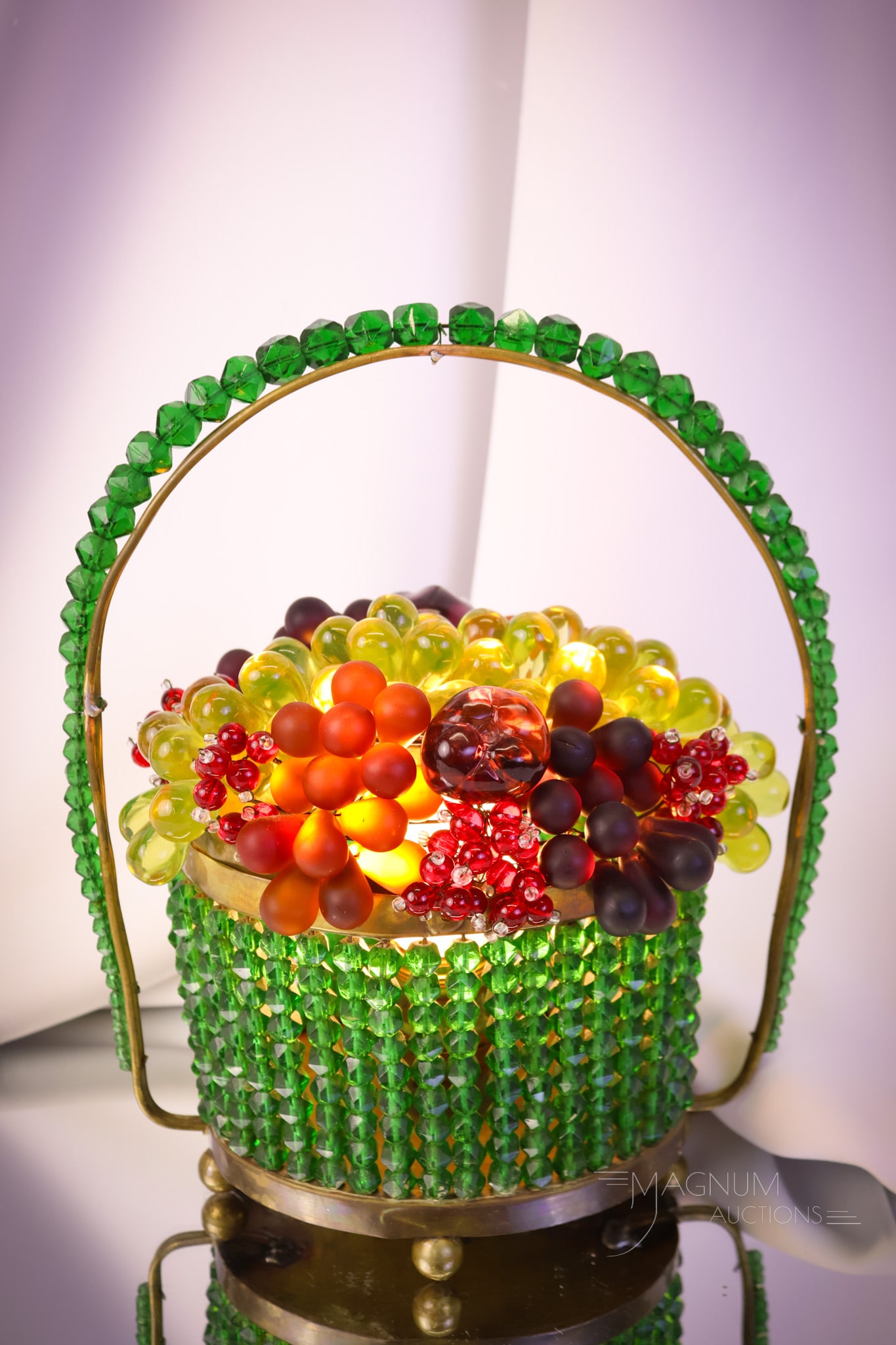 1920s Art Deco Czech Glass Vaseline & More Beaded Fruit Lamp (1 of 11)