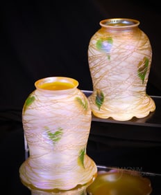 Pair of Signed Quezal Art Glass Pulled Feather Shades