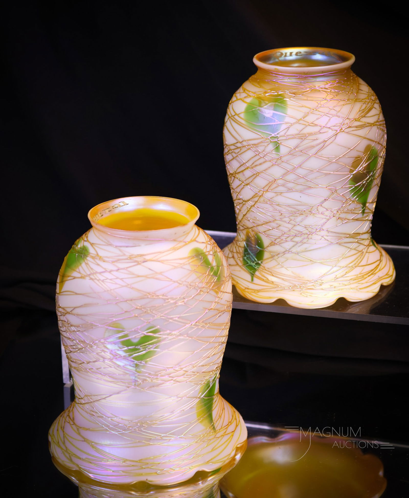 Pair of Signed Quezal Art Glass Pulled Feather Shades (1 of 6)