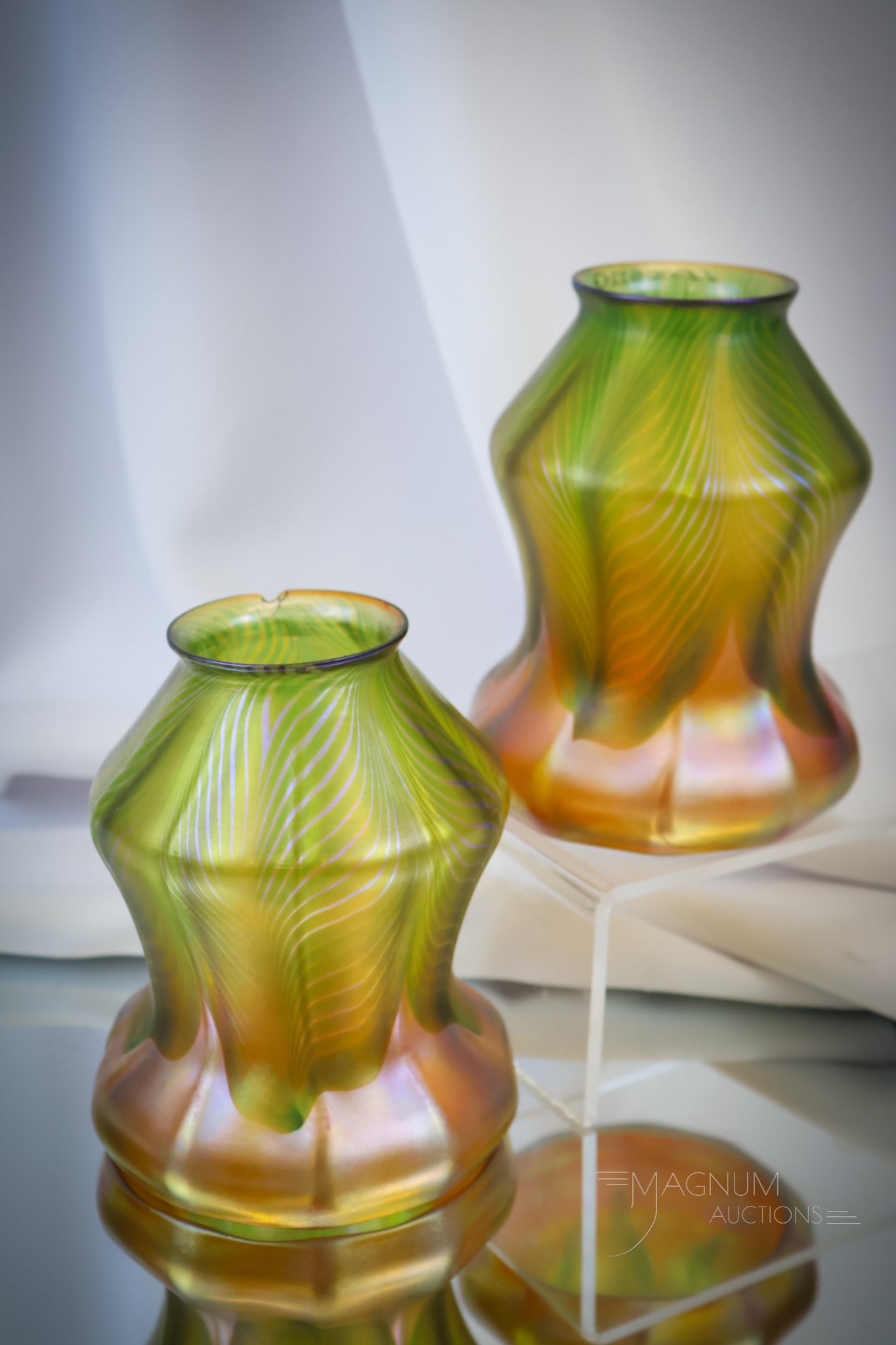 Pair Signed Quezal Art GlassPulled Feather Shades (1 of 6)