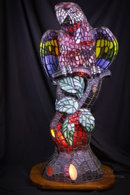 Monumental 31" Scarlet Macaw Leaded Glass Table Lamp