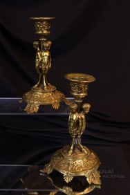 Pair Antique Triple Satyr Brass Candlesticks