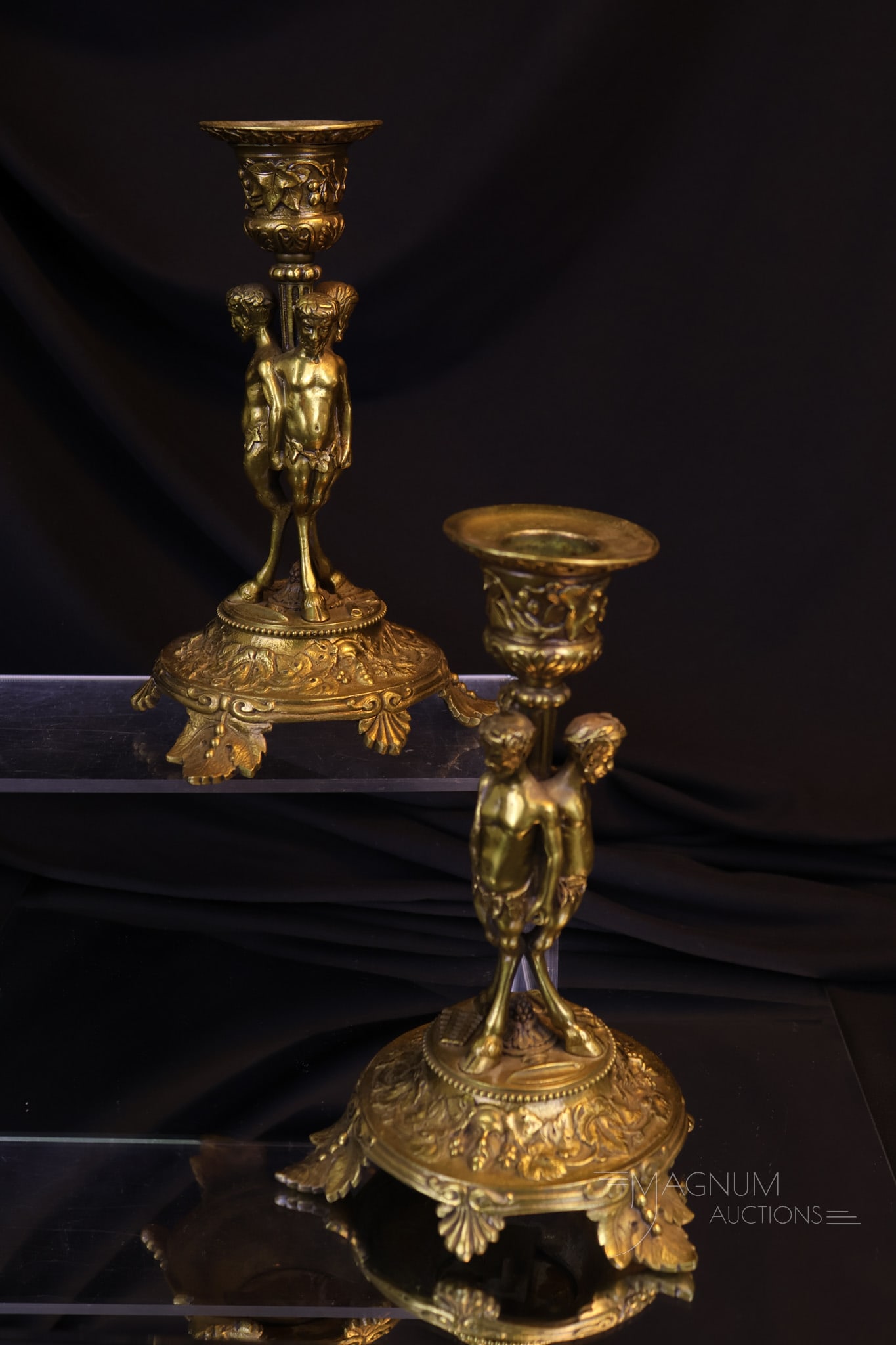 Pair Antique Triple Satyr Brass Candlesticks (1 of 9)