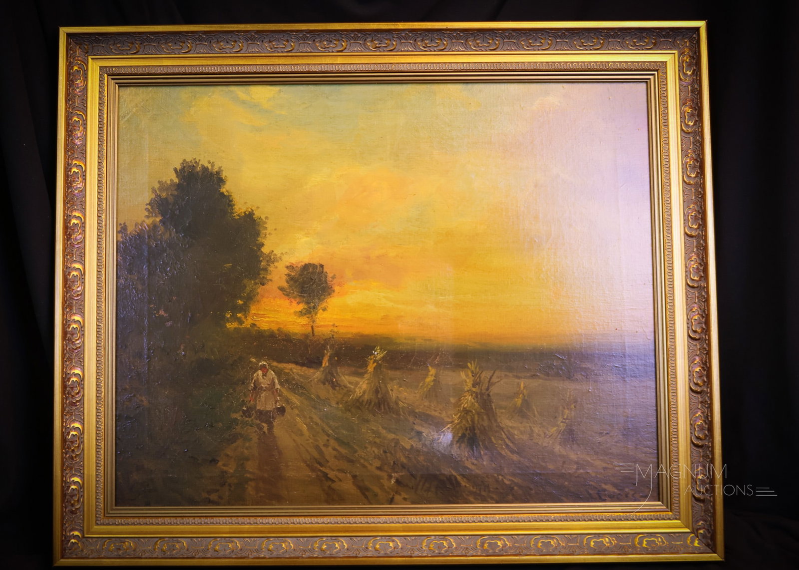 John Evers, American 1797-1884 Framed Oil on Canvas: A framed oil on canvas by John Evers, American, 1797-1884. This painting features a woman carrying two jugs alongside a cornfield with sunset in the background. The frame measures 22 1/2" by 18 1/2". 