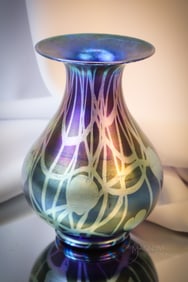 Durand Art Glass Blue Iridescent Heart & Vine Vase