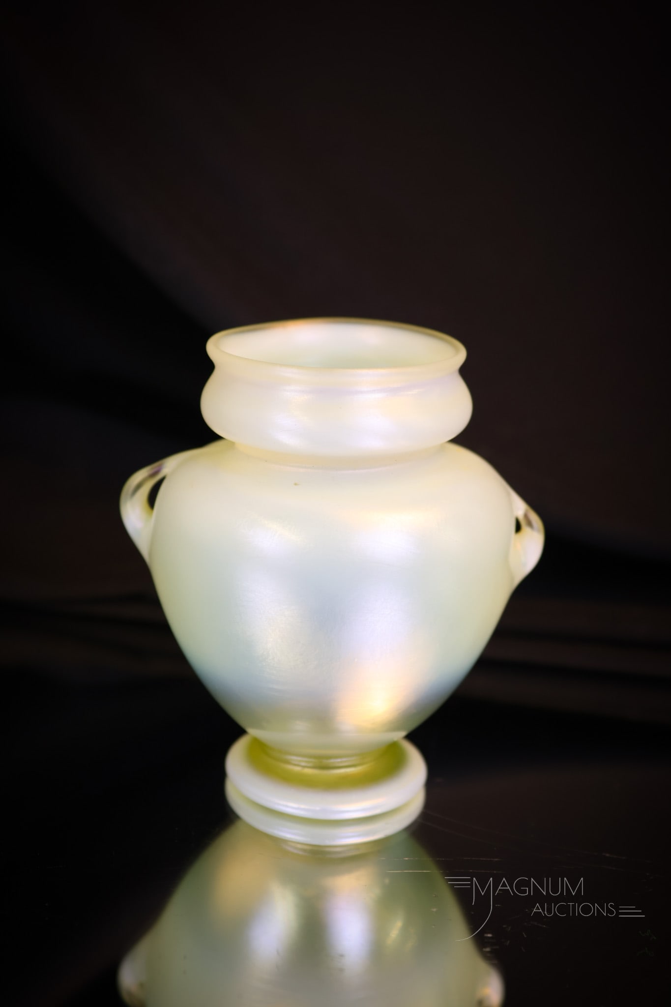 Tiffany Favrile Vaseline Opalescent Iridescent Handled Cabinet Vase (1 of 6)