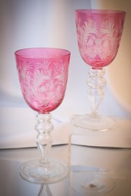 Pair Steuben Ruby Engraved Art Glass Goblets