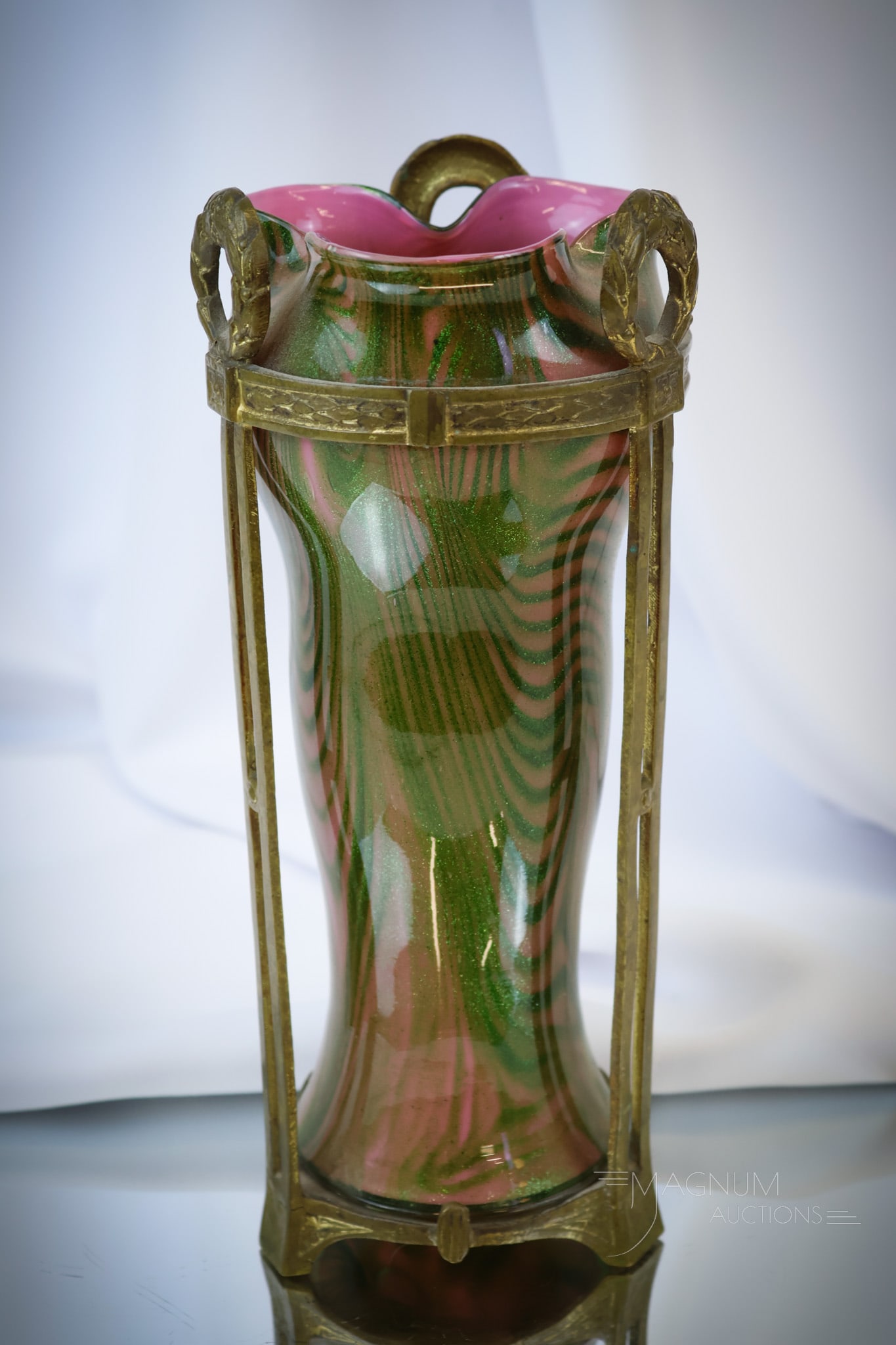 Pallme Konig Adventurine Art Glass Vase in Jugendstil Frame (1 of 6)