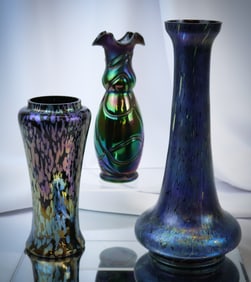 3 pc Lot Austrian Iridescent Art Glass Vases Kralik & Rindskopf