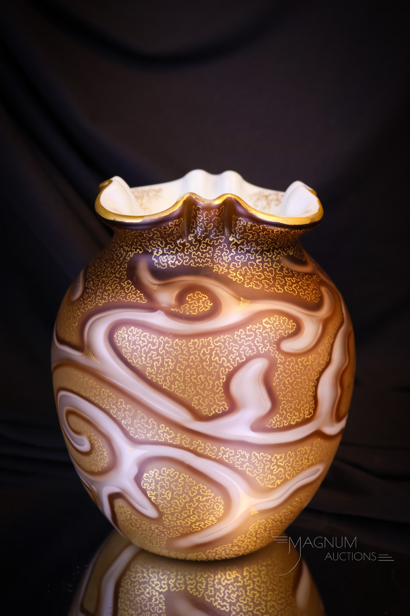 Loetz Octopus Federzeichnung Mother of Pearl Art Glass Vase: One of the best examples you can find of Loetz Federzeichnung Octopus mother of pearl satin glass. This one is found with nearly perfect intact gold decoration. It is marked "Pat. 9159." The vase meas