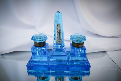 Victorian Peacock Blue Cut Glass Double Inkwell Thermometer Desk Set