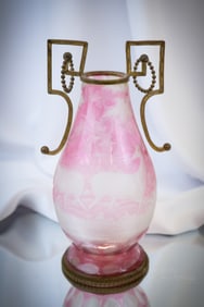 Bohemian Cranberry Cut & Engraved Victorian Glass Mantle Vase