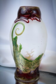 Harrach Victorian Enameled Cameo Glass Frolicking Lizards Vase