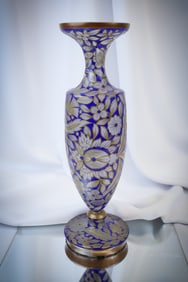 14 1/4" Bohemian Crystal Cobalt Enameled & Gilt Glass Vase