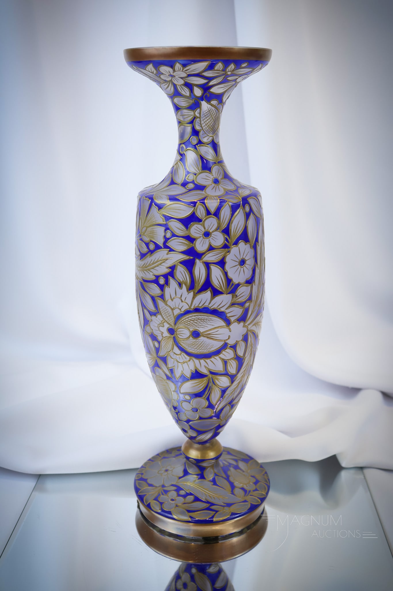 14 1/4" Bohemian Crystal Cobalt Enameled & Gilt Glass Vase (1 of 9)