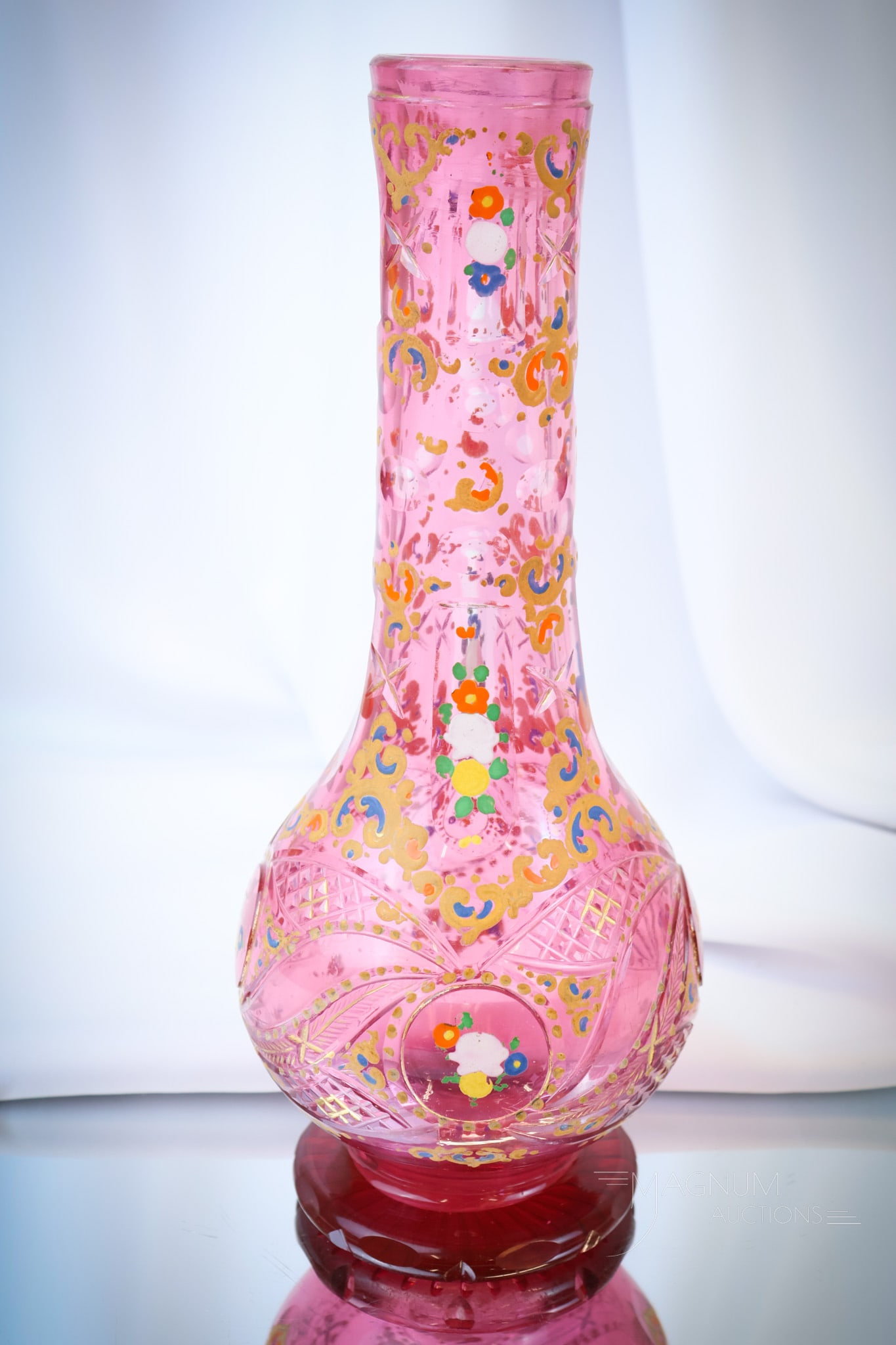 Cranberry Cut & Enameled Glass Persian Market Hookah Vase: A seldom-found piece of cranberry cut and enameled glass made for the Persian market. This "Hookah" vase measures 12" tall and 5" wide. Shipping: At checkout, select "Arrange your own shipping". We pa