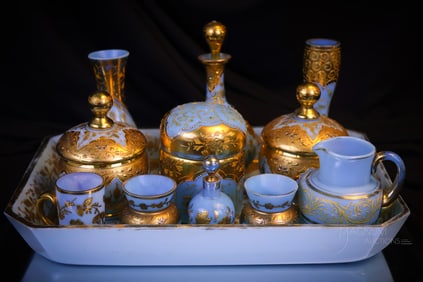 12 pc Lot Moser Bohemian Blue Opaline Dresser Perfume Collectible Glass