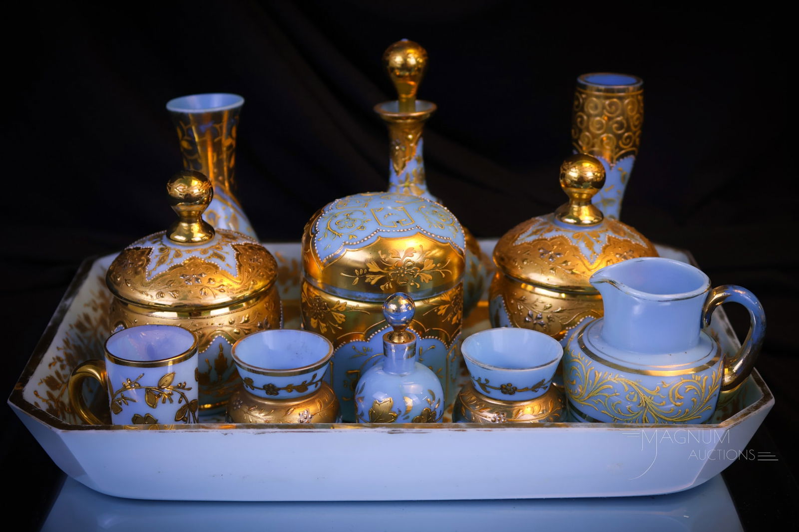 12 pc Lot Moser Bohemian Blue Opaline Dresser Perfume Collectible Glass (1 of 13)