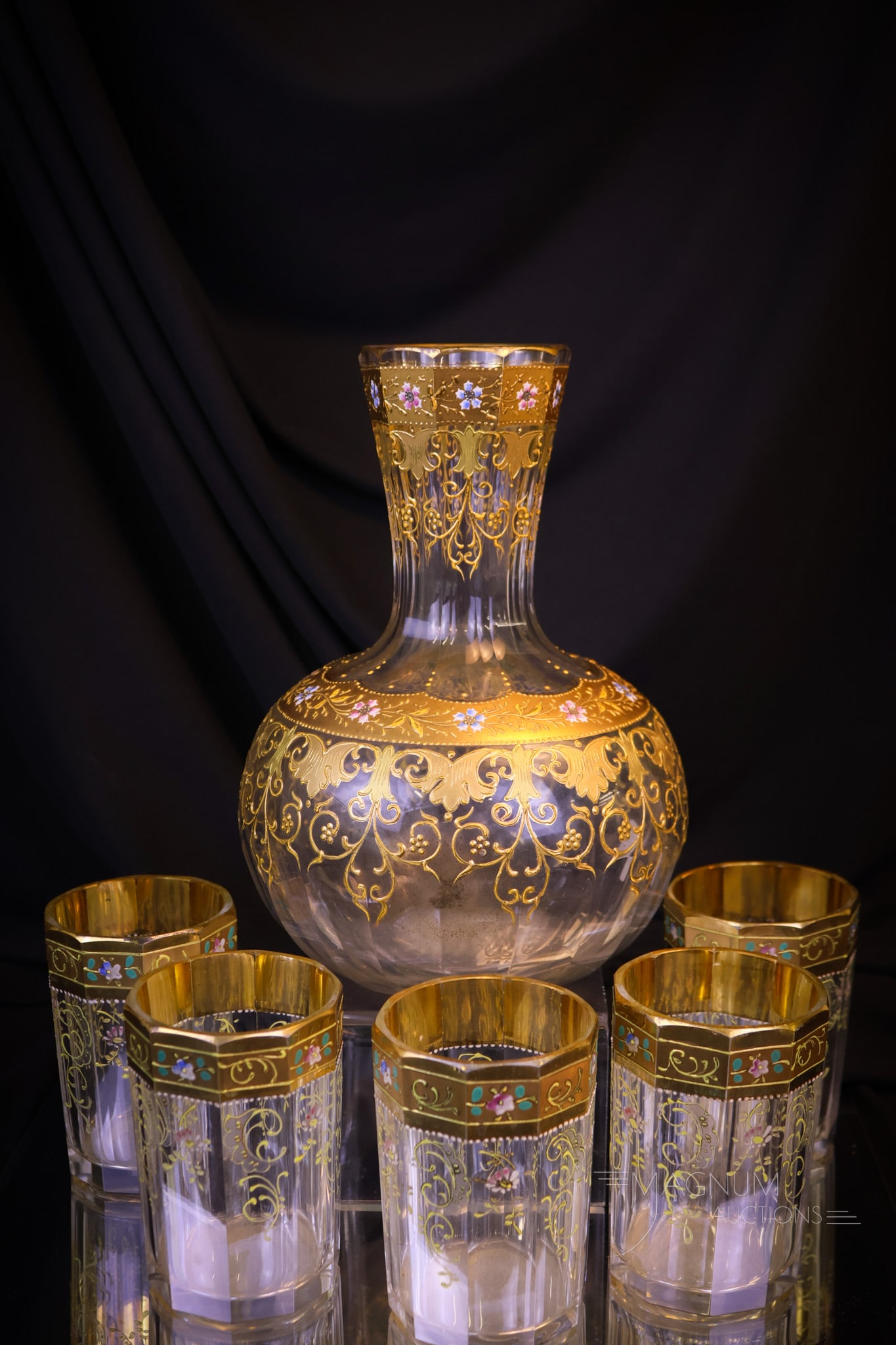 6 pc Set Moser Gilt Enameled Glass Caraffe & Tumblers (1 of 9)
