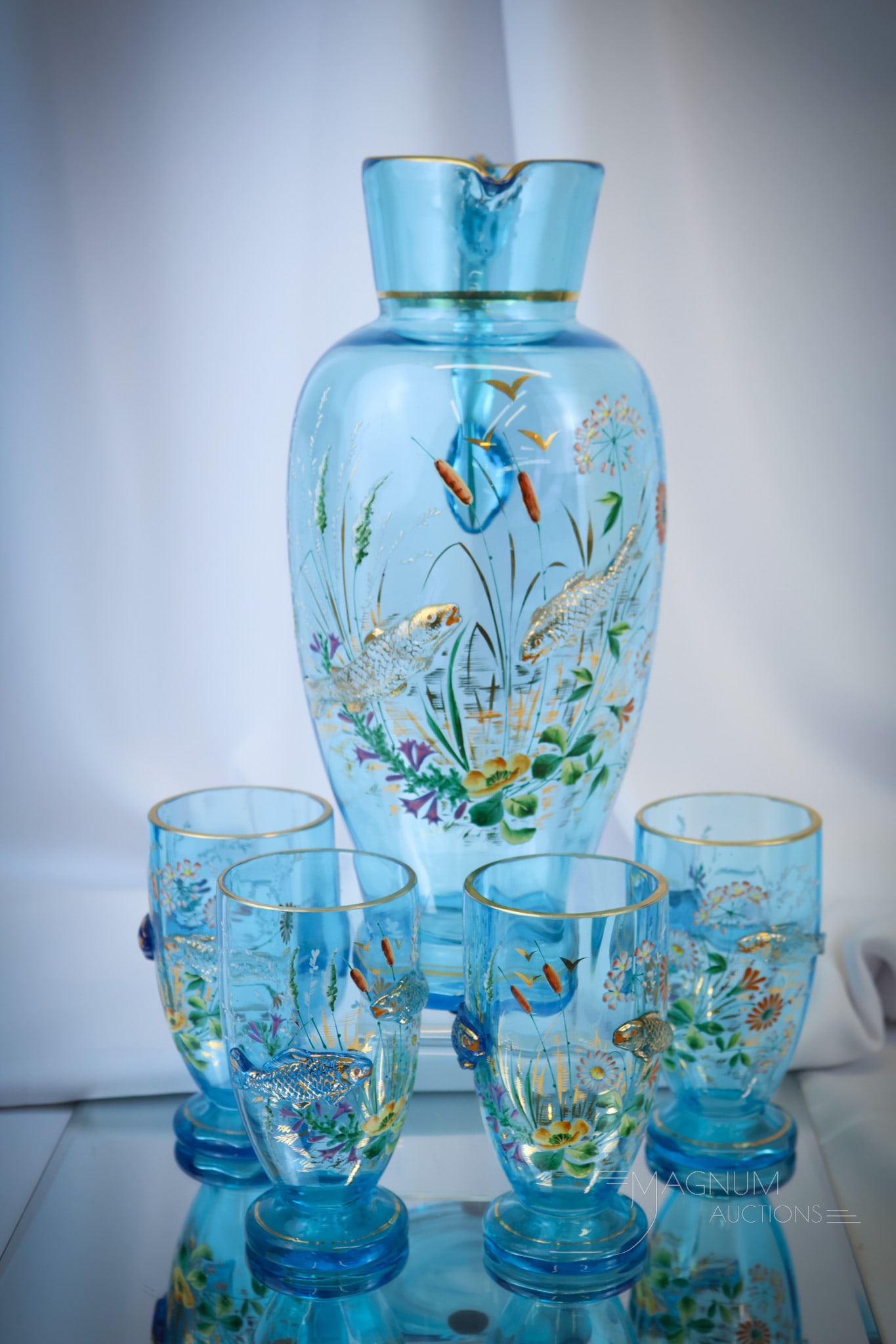 5 pc Set Moser Fishpond Applied Glass Victorian 12 1/2" Water Set (1 of 12)