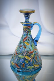 Rare Victorian Prussian Blue Acorn Enameled Gilt Glass Cruet