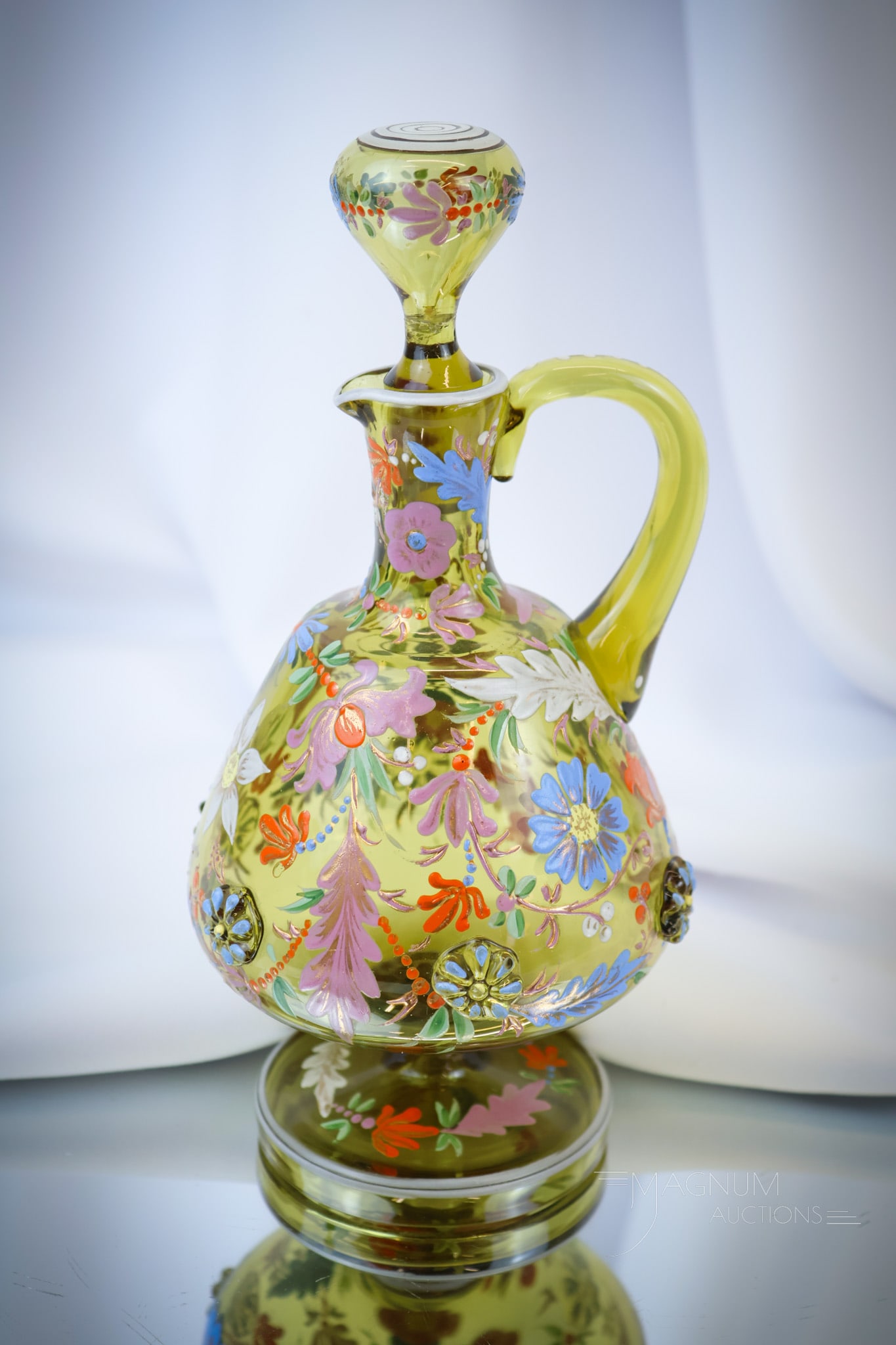 Exceptional Victorian Enameled Applied Glass Cruet: Exceptional amber enameled and applied glass cruet. This super find is covered in rich decoration and further enhanced by applied raspberry prunts. The cruet shows a pedestal foot and all-over floral 