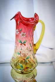 Victorian Enamel Decorated Amberina Glass Tankard Pitcher