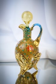 Victorian Moser Gilt Enameled Applied Glass Blue/Amber Bugs Cruet