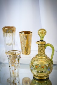 4 pc Lot Moser Victorian Glass Cruet & Tumblers