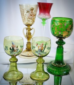 5 pc Lot Victorian Bohemian Glass Drinking Vessels Vaseline & More