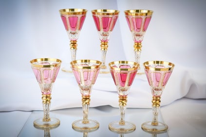 7 pc Lot Moser Cranberry Cabochon Gilt Glass Wines