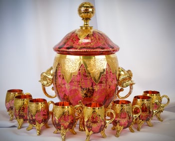 Very Rare 9 pc Moser Cranberry Gilt Glass Elephant Punch Set