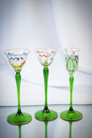 3 pc Lot Theresienthal Bohemian Enameled Glass Cordial Stems