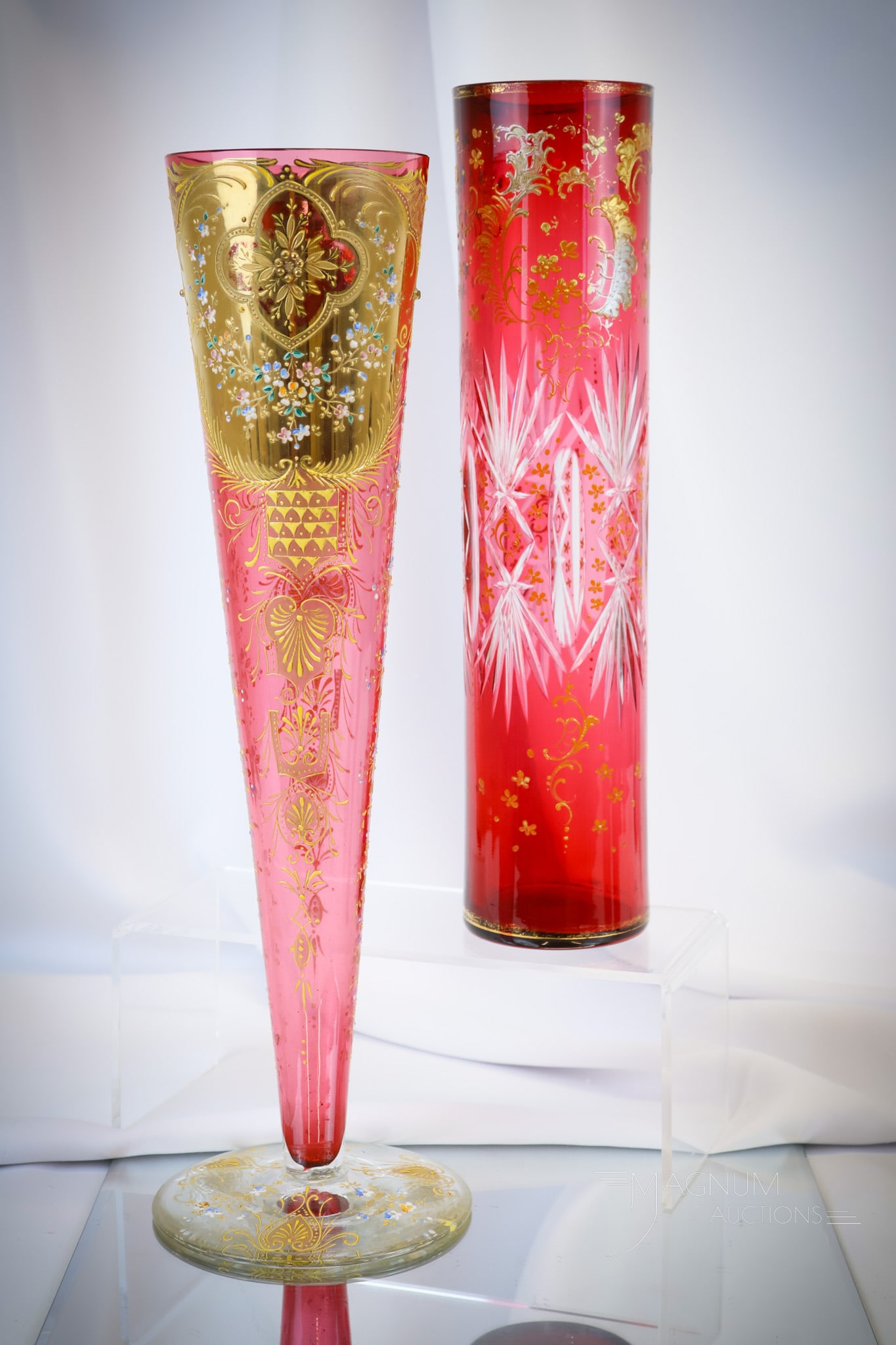 2 pc 16 1/2" Lot Cranberry Moser Bohemian Gilt Enameled Glass Vases (1 of 9)