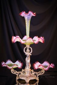 Victorian Cranberry Citron Opalescent Glass Art Nouveau Epergne Centerpiece