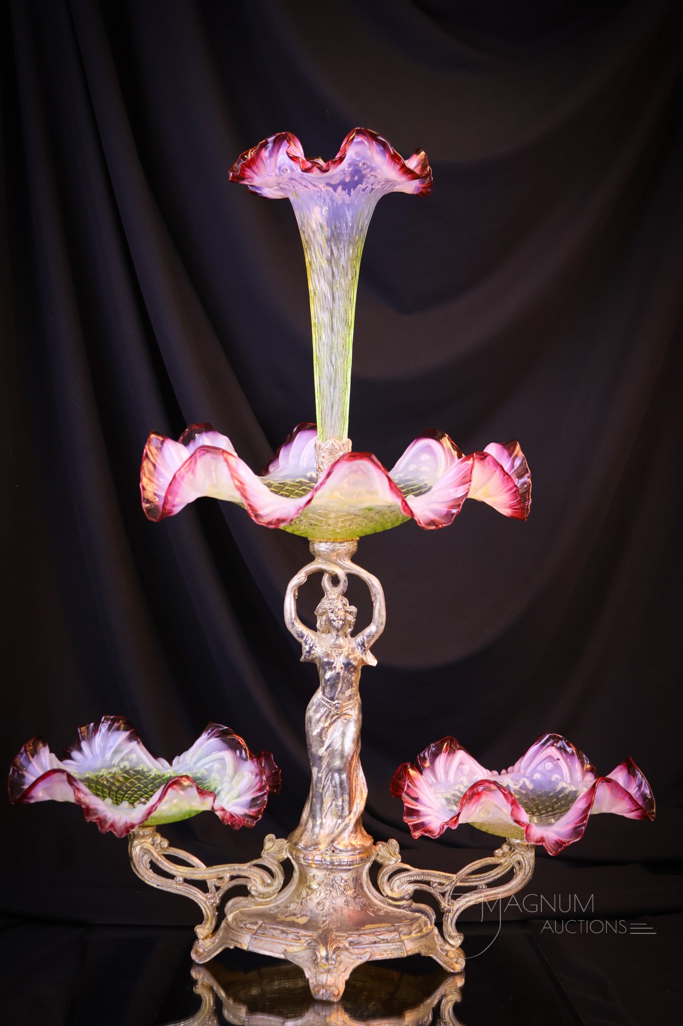 Victorian Cranberry Citron Opalescent Glass Art Nouveau Epergne Centerpiece (1 of 13)