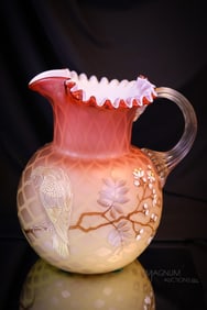 Rare Two-Color Victorian Glass Enameled Gilt Water Pitcher