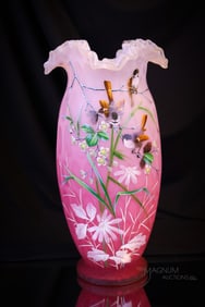 Fantastic 12 1/2" Victorian Enameled Glass Mother of Pearl Satin Glass Vase