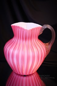 Very Rare Stevens & Williams Victorian Zipper Mother of Pearl Satin Glass Water Pitcher